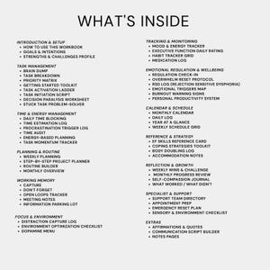 May include: A black and white image lists the contents of a workbook. The text includes sections on task management, time and energy management, planning, and emotional regulation. The title "WHAT'S INSIDE" is at the top.