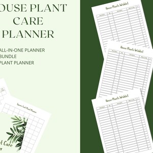 May include: Printable house plant care planner with a green leaf design. The planner includes a watering schedule, plant wishlist, and space for plant notes.