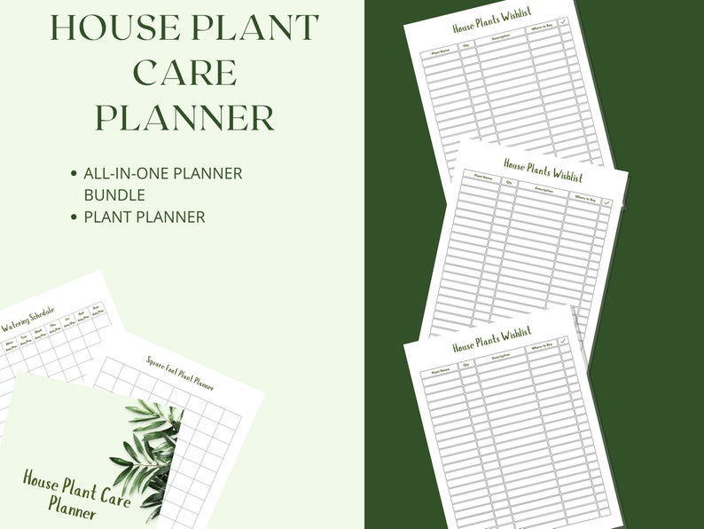 May include: Printable house plant care planner with a green leaf design. The planner includes a watering schedule, plant wishlist, and space for plant notes.