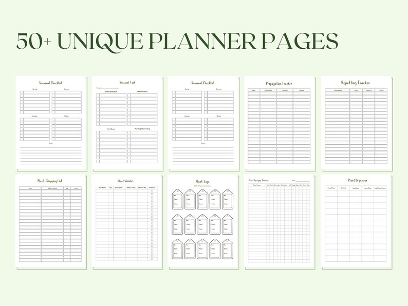 May include: A set of printable planner pages with titles such as "Seasonal Checklist", "Meal Shopping List", "Meal Rotation", and "Repelling Tracker".