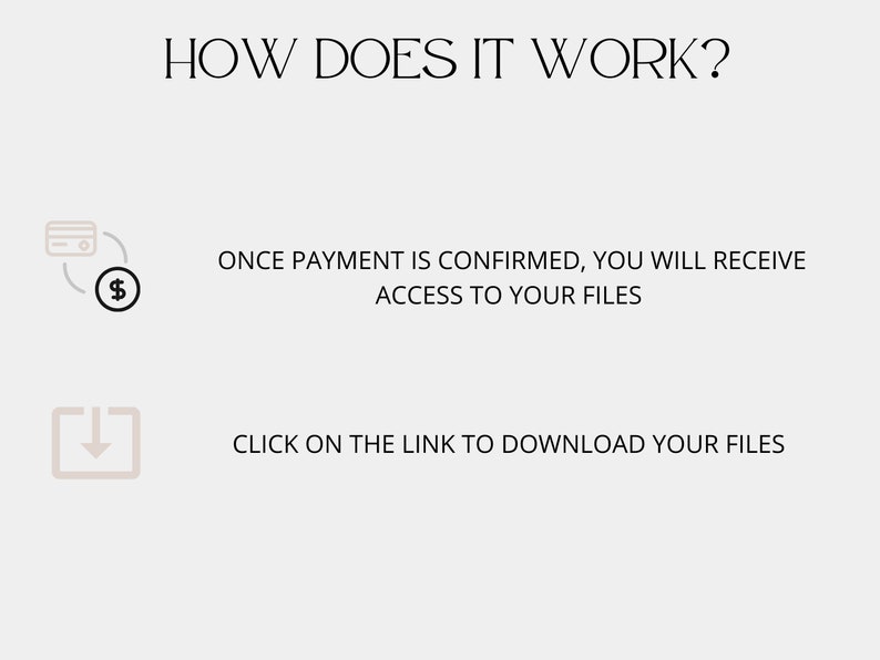 May include: A diagram showing how to access and download files after payment is confirmed. The first step shows a credit card with a dollar sign, indicating payment. The second step shows a download icon, indicating the download process.