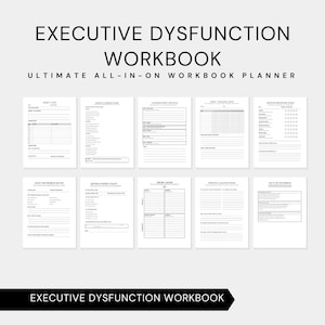 Puede incluir: Un cuaderno blanco con el título "EXECUTIVE DYSFUNCTION WORKBOOK" en texto negro. El cuaderno incluye páginas con varios diseños para la planificación y el seguimiento de tareas. También se ve la frase "ULTIMATE ALL-IN-ON WORKBOOK PLANNER".