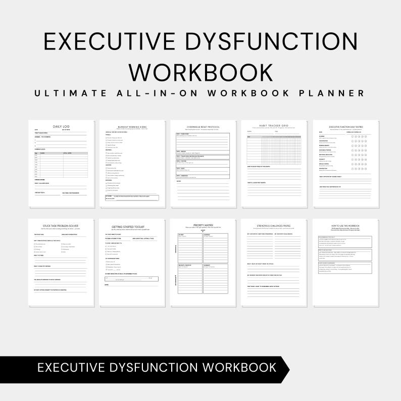 K&ouml;nnte beinhalten: Ein wei&szlig;es Arbeitsbuch mit dem Titel "EXECUTIVE DYSFUNCTION WORKBOOK" in schwarzem Text. Das Arbeitsbuch enth&auml;lt Seiten mit verschiedenen Layouts f&uuml;r die Planung und Verfolgung von Aufgaben. Der Satz "ULTIMATE ALL-IN-ON WORKBOOK PLANNER" ist ebenfalls sichtbar.