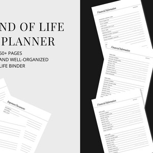 Op de afbeelding: Een zwart-wit afbeelding van een planner met de tekst "End of Life Planner" en "60+ Pages and Well-Organized Life Binder". De planner heeft secties voor belangrijke contacten, belangrijke documenten en financi&euml;le informatie.