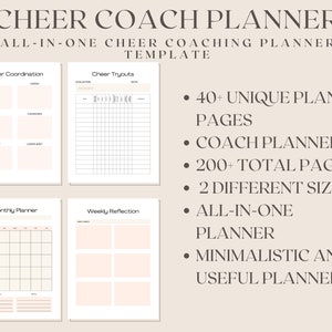 Peut inclure: Un mod&egrave;le de planificateur d'entra&icirc;neur de cheerleading imprimable avec un design minimaliste. Le planificateur comprend des sections pour la coordination des cheerleaders, les essais, la planification mensuelle et la r&eacute;flexion hebdomadaire. Il comprend plus de 40 pages de planificateur uniques, plus de 200 pages au total et 2 tailles diff&eacute;rentes.
