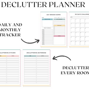 May include: Printable decluttering planner with a daily and monthly tracker, a 30-day challenge, and separate sections for decluttering the kitchen and bathroom. The planner features a light blue, pink, and yellow colour scheme.