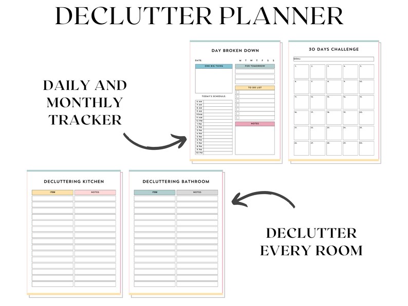 May include: Printable decluttering planner with a daily and monthly tracker, a 30-day challenge, and separate sections for decluttering the kitchen and bathroom. The planner features a light blue, pink, and yellow colour scheme.