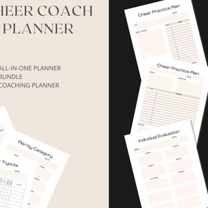 Peut inclure: Un lot de planificateurs d'entra&icirc;neur de cheerleading imprimable avec des pages pour les essais de cheerleading, les plans d'entra&icirc;nement et les &eacute;valuations individuelles. Le planificateur comprend des sections pour les dates, les heures et les notes.