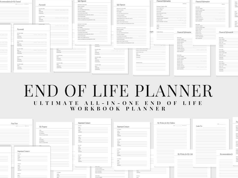 Op de afbeelding: Een zwart-witte, afdrukbare eind-van-het-leven-planner-werkboek met de titel "END OF LIFE PLANNER ULTIMATE ALL-IN-ONE END OF LIFE WORKBOOK PLANNER".