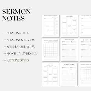May include: A set of white sermon notes pages with black text. The pages include sections for sermon notes, weekly and monthly overviews, and action steps. The words "SERMON NOTES" are at the top of the image.