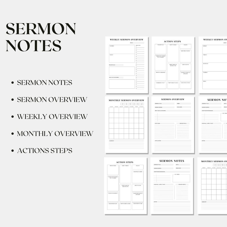 May include: A set of white sermon notes pages with black text. The pages include sections for sermon notes, weekly and monthly overviews, and action steps. The words "SERMON NOTES" are at the top of the image.