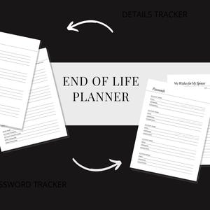 Op de afbeelding: Een printbare eind-van-het-leven-planner met secties voor wachtwoorden, detailtracker, andere bezittingen en wensen voor een echtgenoot. De planner is ontworpen om te helpen bij het organiseren van belangrijke informatie voor geliefden.