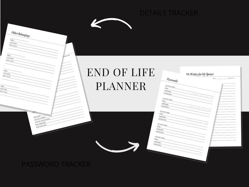 Op de afbeelding: Een printbare eind-van-het-leven-planner met secties voor wachtwoorden, detailtracker, andere bezittingen en wensen voor een echtgenoot. De planner is ontworpen om te helpen bij het organiseren van belangrijke informatie voor geliefden.