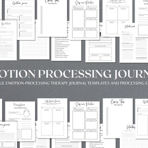 May include: A set of printable journal pages for processing emotions. The pages include prompts for gratitude, coping skills, self-care practices, and more. The pages are black and white and have a minimalist design.
