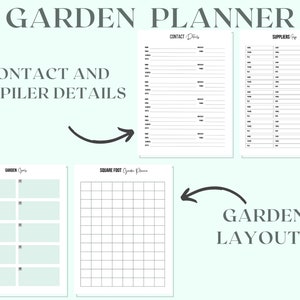 May include: A printable garden planner with sections for contact and supplier details, garden layouts, and square footage. The planner includes a grid for planning garden layouts and a list for tracking suppliers.