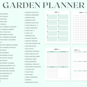 May include: A printable garden planner with sections for journaling, to-do lists, plant inventory, expenses, and more. The planner is designed with a light green and white colour scheme.