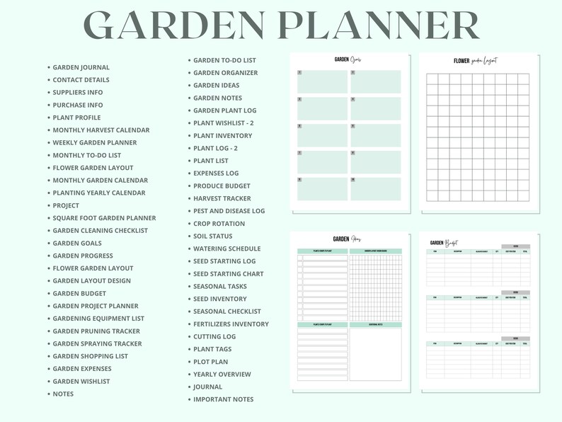 May include: A printable garden planner with sections for journaling, to-do lists, plant inventory, expenses, and more. The planner is designed with a light green and white colour scheme.
