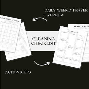 May include: A selection of white paper sheets with black text, including a monthly sermon overview, action steps, and a cleaning checklist. The text "DAILY, WEEKLY PRAYER OVERVIEW" is visible. The background is black.
