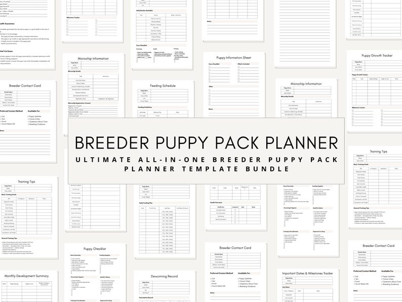 May include: A printable planner template bundle for breeders. The bundle includes a variety of forms and checklists to help breeders manage their puppy packs. The text on the image reads "Breeder Puppy Pack Planner Ultimate All-in-One Breeder Puppy Pack Planner Template Bundle".