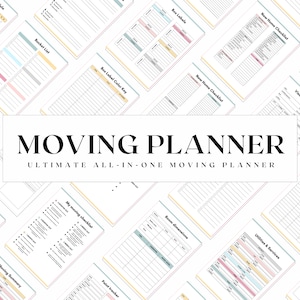 May include: A printable moving planner with checklists, trackers, and forms to help organise a move. The planner includes sections for budgeting, packing, cleaning, and more. The planner is designed with a modern aesthetic and features a light blue, pink, and yellow colour scheme.