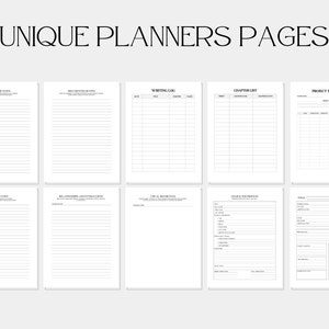 May include: A set of printable planner pages for writers, including pages for brainstorming, character development, writing logs, and project timelines.