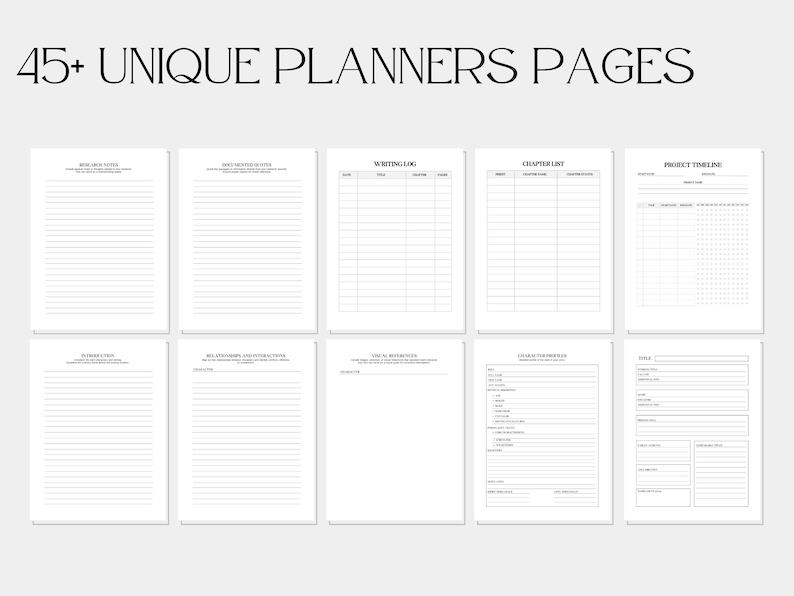 May include: A set of printable planner pages for writers, including pages for brainstorming, character development, writing logs, and project timelines.