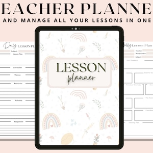 Pode incluir: Um planejador digital para professores com um design de arco-íris pastel e flores. O planejador inclui seções para planos de aula diários, planos de aula semanais e um modelo de plano de aula.