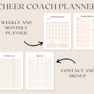Peut inclure: Un planificateur imprimable pour entra&icirc;neur de cheerleading avec des sections pour la planification hebdomadaire et mensuelle, des listes de contacts et des feuilles d'inscription.