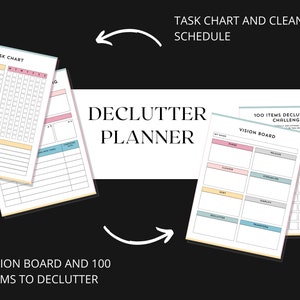 May include: A printable decluttering planner with a pink, yellow and blue colour scheme. The planner includes a task chart, a cleaning schedule, a vision board, and a 100 items decluttering challenge.