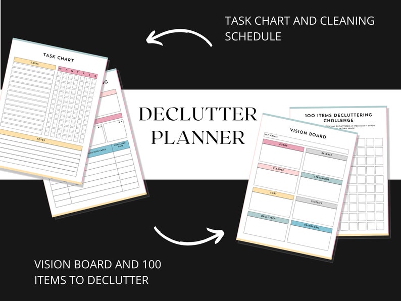 May include: A printable decluttering planner with a pink, yellow and blue colour scheme. The planner includes a task chart, a cleaning schedule, a vision board, and a 100 items decluttering challenge.
