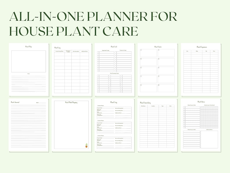 May include: Printable planner pages for houseplant care. The pages include sections for plant log, plant inventory, plant goals, plant expenses, plant journal, plant shopping, and plant notes.
