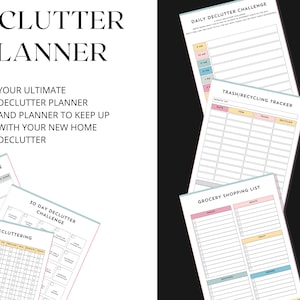 May include: A set of printable decluttering planner pages with colourful borders. The pages include a daily declutter challenge, a 30-day declutter challenge, a room decluttering tracker, a trash and recycling tracker, and a grocery shopping list.