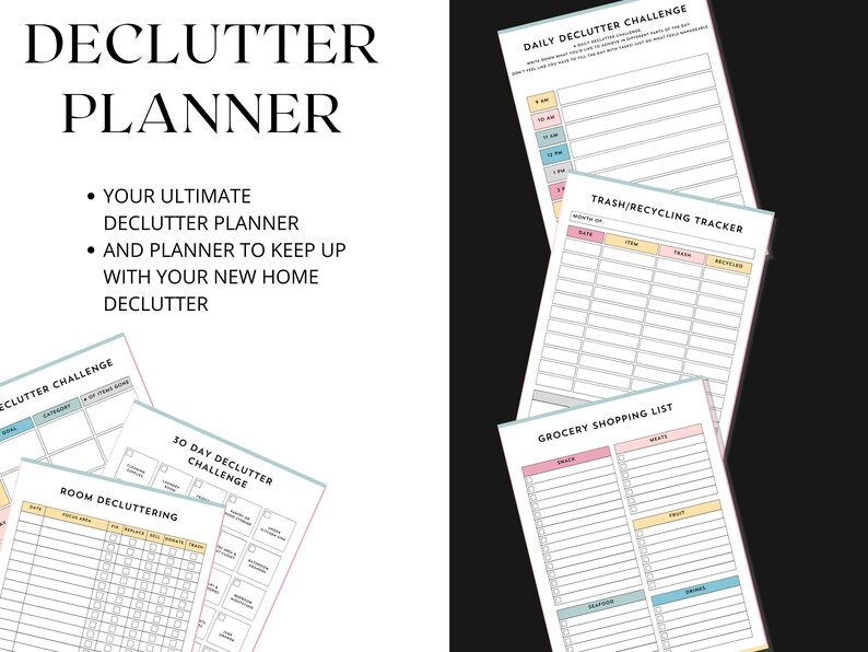 May include: A set of printable decluttering planner pages with colourful borders. The pages include a daily declutter challenge, a 30-day declutter challenge, a room decluttering tracker, a trash and recycling tracker, and a grocery shopping list.