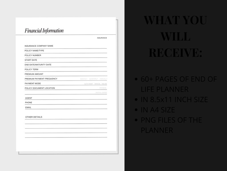 Op de afbeelding: Een zwart-witte printbare levensplanner met de tekst "Financial Information" en "What You Will Receive:"  De planner bevat meer dan 60 pagina's, is 8,5 x 11 inch en is beschikbaar in A4-formaat.  De planner is ook beschikbaar als PNG-bestand.