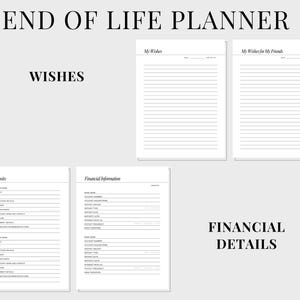 Op de afbeelding: Een printbare eind-van-het-leven-planner met secties voor wensen, informatie over kluizen en financi&euml;le details.