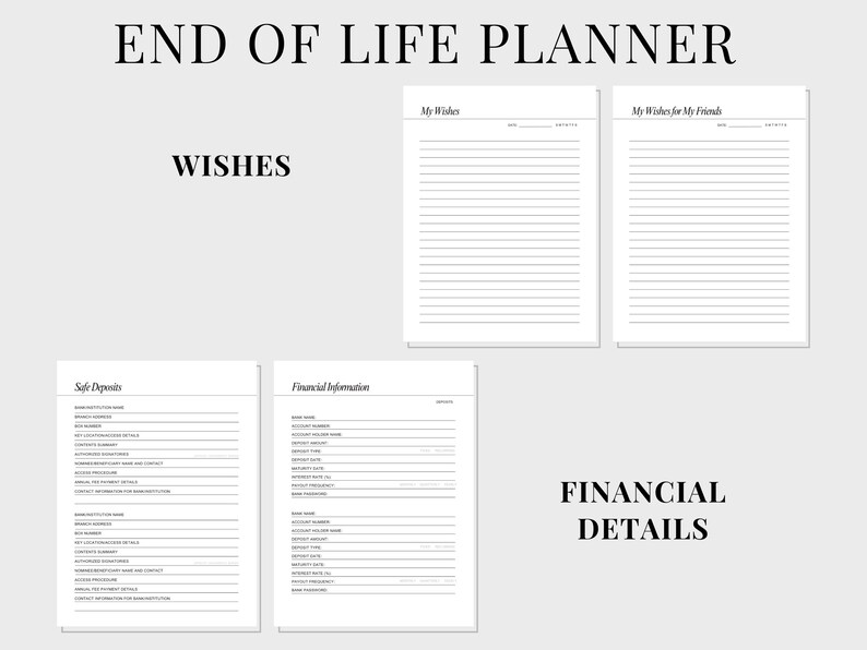 Op de afbeelding: Een printbare eind-van-het-leven-planner met secties voor wensen, informatie over kluizen en financi&euml;le details.