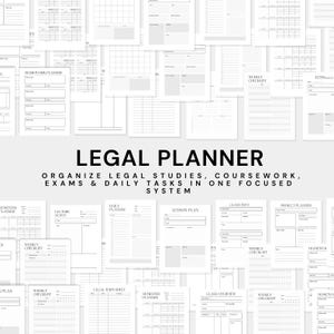May include: A collection of printable legal planner pages in black and white. The text "LEGAL PLANNER" is displayed prominently, with additional text below stating the planner's purpose: to organize legal studies, coursework, exams, and daily tasks.