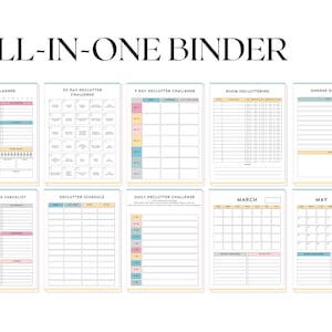 May include: A printable binder with pages for daily planning, decluttering challenges, checklists, schedules, and monthly calendars. The pages are colour-coded and feature a minimalist design.