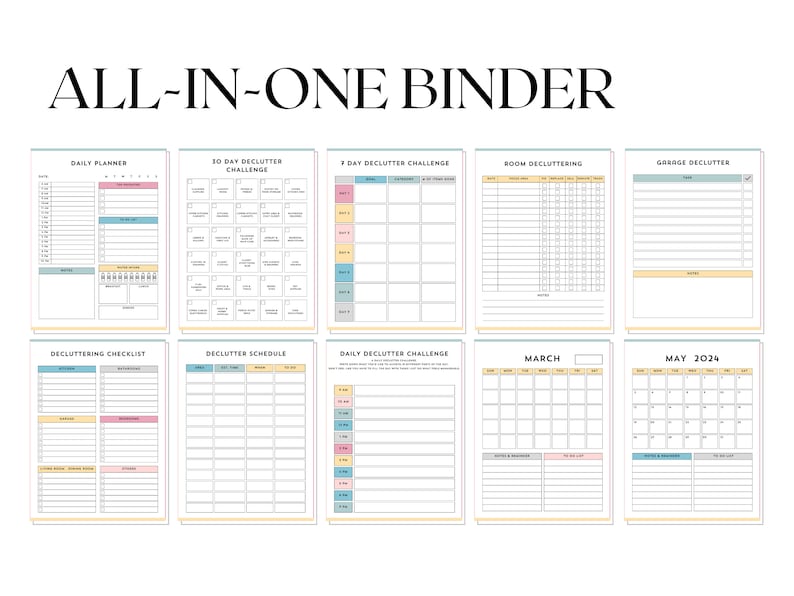 May include: A printable binder with pages for daily planning, decluttering challenges, checklists, schedules, and monthly calendars. The pages are colour-coded and feature a minimalist design.