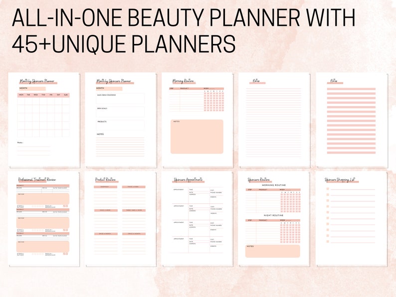 May include: A printable beauty planner with 45+ unique planners. The planner includes sections for monthly calendars, daily routines, product reviews, treatment records, and appointment scheduling. The planner is designed with a pink and white color scheme.