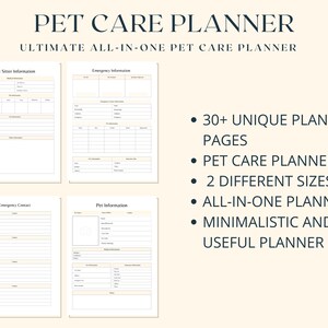 K&ouml;nnte beinhalten: Ein druckbarer Haustier-Pflegeplaner mit minimalistischem Design. Der Planer enth&auml;lt Abschnitte f&uuml;r Haustierinformationen, Notfallkontakte und Notfallinformationen. Der Text auf der Seite lautet "PET CARE PLANNER ULTIMATE ALL-IN-ONE PET CARE PLANNER" und "30+ EINZIGARTIGE PLANERSEITEN, HAUSTIER-PFLEGEPLANER, 2 VERSCHIEDENE GR&Ouml;SSEN, ALL-IN-ONE PLANER, MINIMALISTISCH UND N&Uuml;TZLICHER PLANER".
