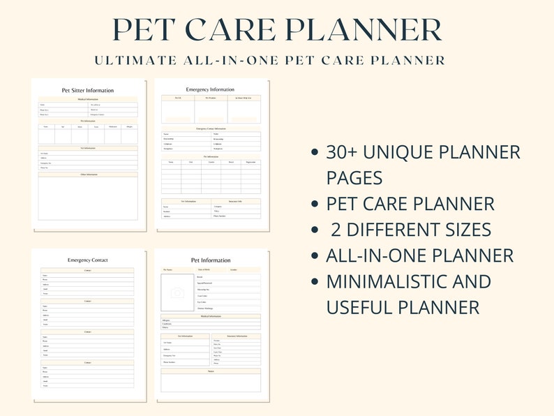 K&ouml;nnte beinhalten: Ein druckbarer Haustier-Pflegeplaner mit minimalistischem Design. Der Planer enth&auml;lt Abschnitte f&uuml;r Haustierinformationen, Notfallkontakte und Notfallinformationen. Der Text auf der Seite lautet "PET CARE PLANNER ULTIMATE ALL-IN-ONE PET CARE PLANNER" und "30+ EINZIGARTIGE PLANERSEITEN, HAUSTIER-PFLEGEPLANER, 2 VERSCHIEDENE GR&Ouml;SSEN, ALL-IN-ONE PLANER, MINIMALISTISCH UND N&Uuml;TZLICHER PLANER".