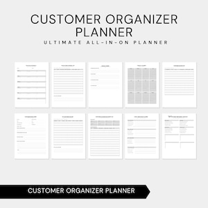 May include: A customer organizer planner with the text "CUSTOMER ORGANIZER PLANNER" and "ULTIMATE ALL-IN-ON PLANNER". The planner includes pages for follow-up, social media, goals, tasks, and a customer master list. The pages are white with black text.