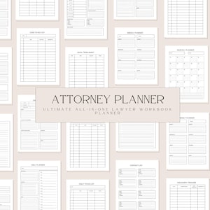 Könnte beinhalten: Eine Sammlung weißer Papierplanerseiten mit schwarzem Text, darunter Tages-, Wochen- und Monatslayouts. Das zentrale Bild zeigt den Text "ATTORNEY PLANNER" und "ULTIMATE ALL-IN-ONE LAWYER WORKBOOK PLANNER".