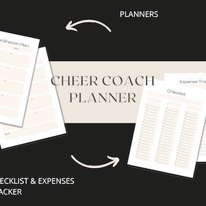 Peut inclure: Planificateur imprimable pour coach de cheerleading avec des sections pour de nouveaux plans de coordination, des listes de contr&ocirc;le et le suivi des d&eacute;penses. Le planificateur a un design noir et blanc avec un fond beige.