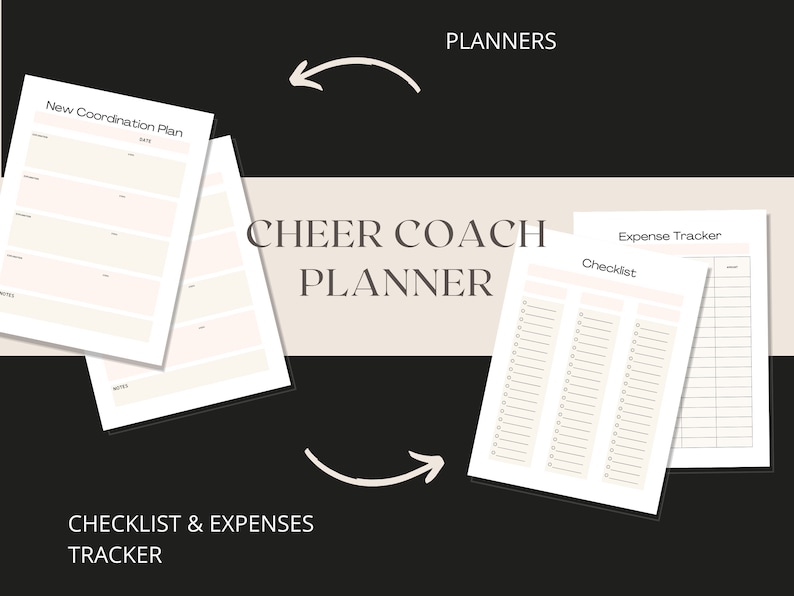 Peut inclure: Planificateur imprimable pour coach de cheerleading avec des sections pour de nouveaux plans de coordination, des listes de contr&ocirc;le et le suivi des d&eacute;penses. Le planificateur a un design noir et blanc avec un fond beige.