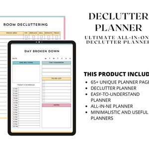 May include: A digital declutter planner with a black border, featuring daily and room decluttering templates. The planner includes sections for scheduling, to-do lists, and notes, with the text "Declutter Planner" and "Ultimate All-in-One Declutter Planner".
