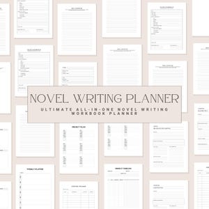 Puede incluir: Una colección de páginas de papel blanco con texto negro, que forman un planificador de escritura de novelas. Las páginas incluyen títulos como "Perfil del personaje", "Planificador semanal" y "Cronograma del proyecto". El texto central dice "NOVEL WRITING PLANNER".