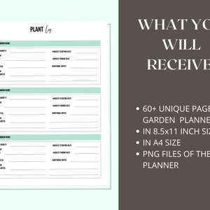 May include: A printable garden planner with 60+ unique pages in 8.5x11 inch size and A4 size. The planner is available as PNG files.