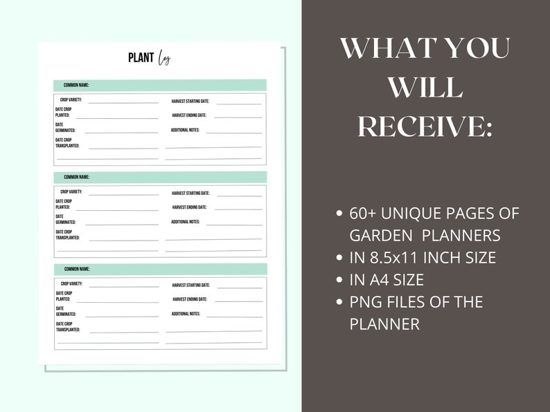 May include: A printable garden planner with 60+ unique pages in 8.5x11 inch size and A4 size. The planner is available as PNG files.